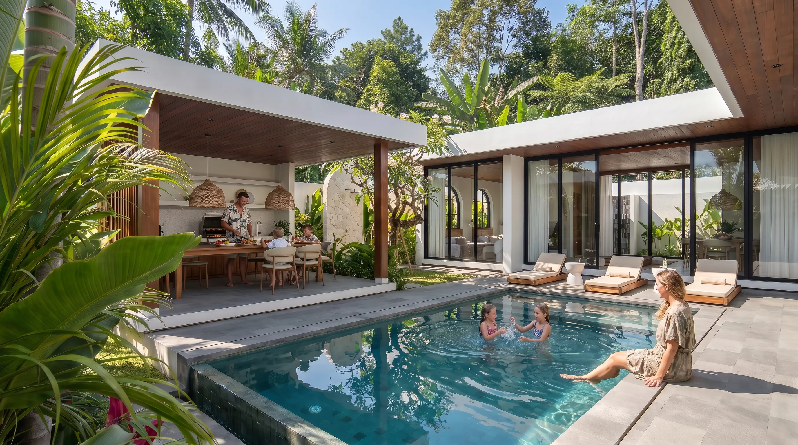 A family enjoying their private pool villa at Tana Villas, Panglao, Bohol