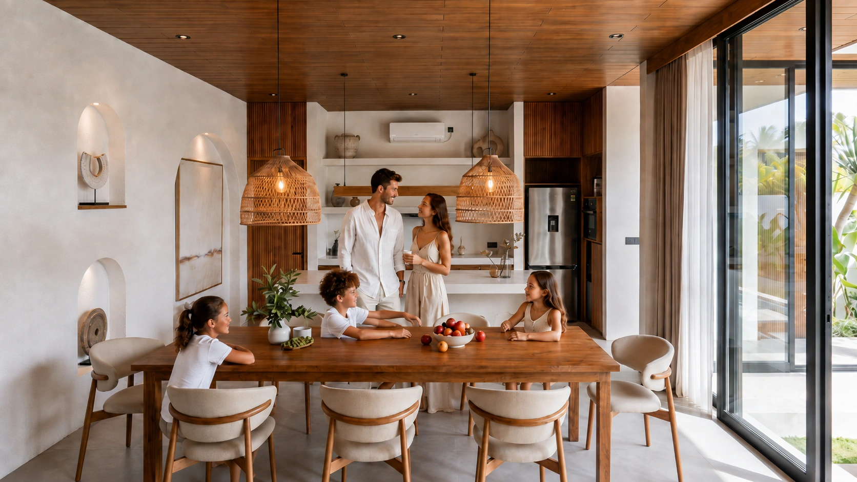 A family together in the kitchen and dining space of a Tana villa