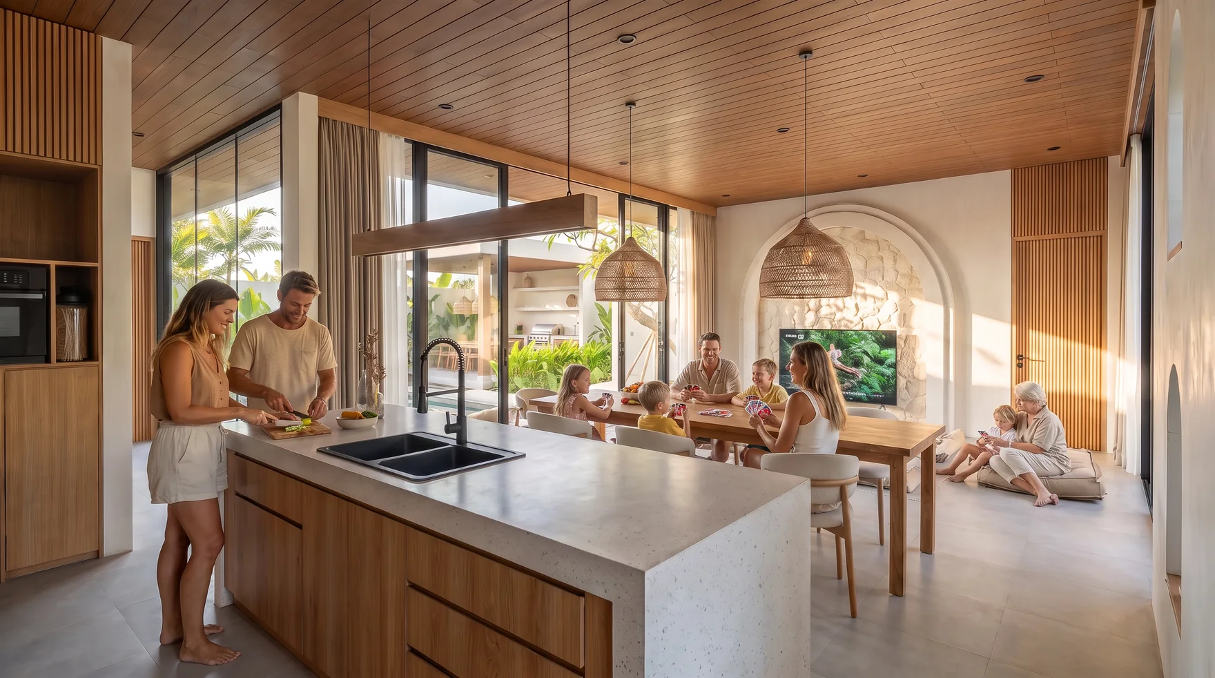A family together in the kitchen and living space of a Tana villa